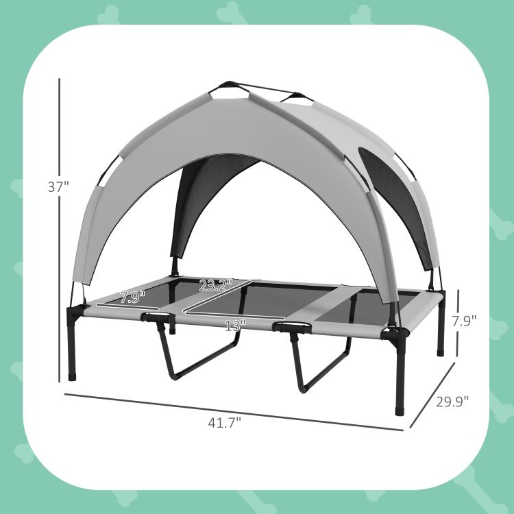 Gray elevated dog bed with removable canopy, shown with size measurements
