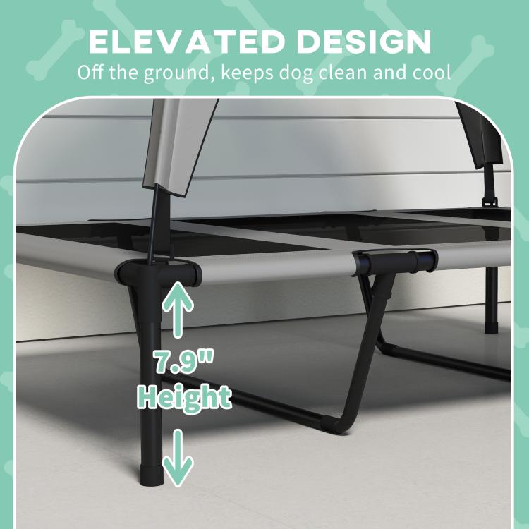 Elevated dog bed with 7.9 in height legs, off-ground design feature graphic