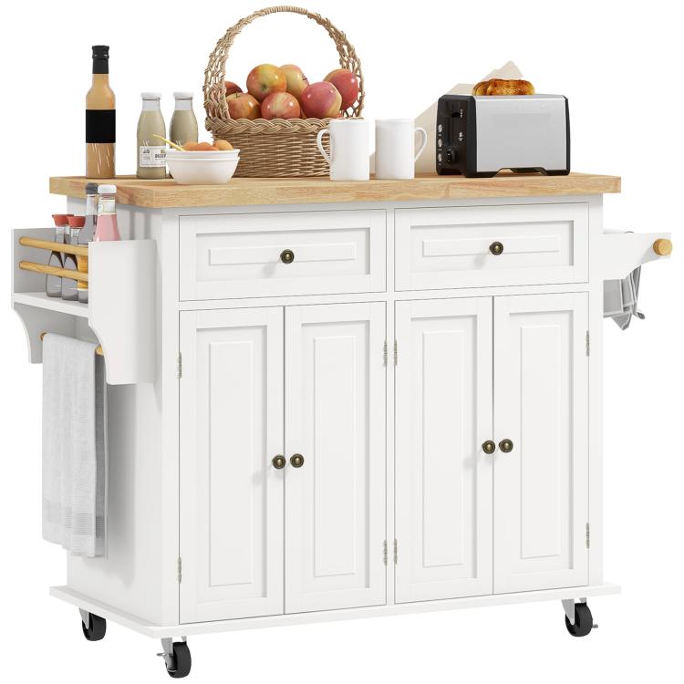 Cream white rolling kitchen island cart with rubberwood top, drawers, and cabinet doors