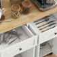 Rolling kitchen cart with white drawers, open shelves, and rubberwood top.