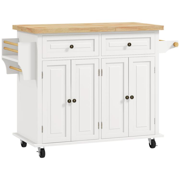 Cream white rolling cart with two drawers, cabinet doors, rubberwood top, and wheels.