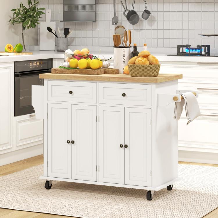 White kitchen island cart with rubberwood top and double cabinet doors, drawers below