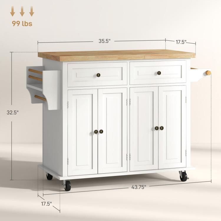 Cream white kitchen island cart with rubberwood top and drawers, with size guide