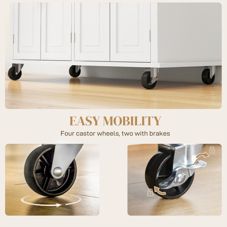 Kitchen island cart underside with four caster wheels, two with brakes