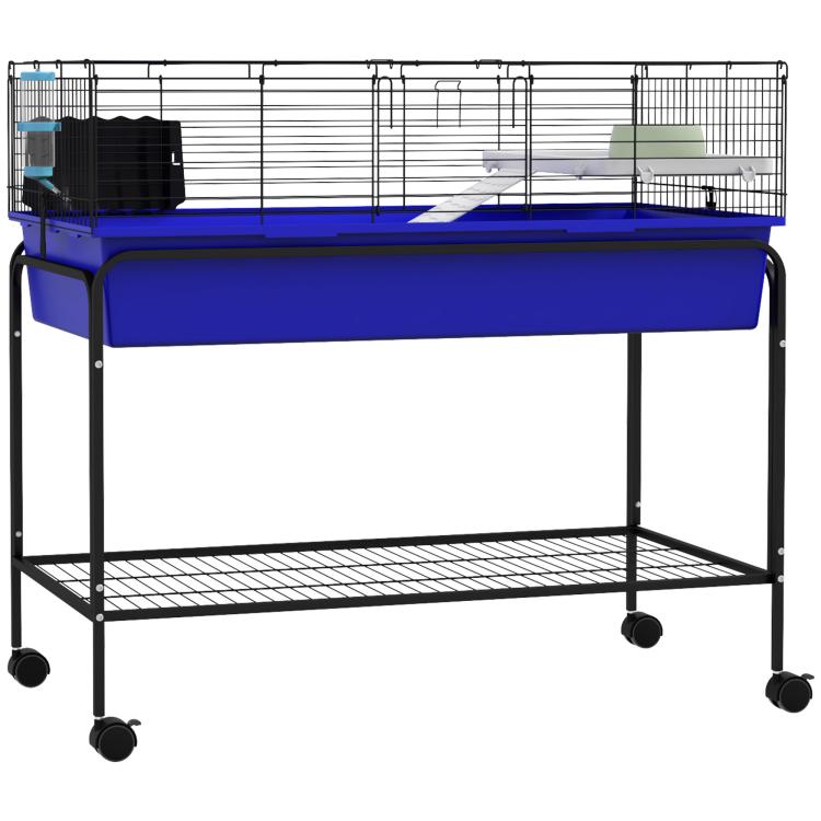 Blue two-story wire small animal cage on wheeled stand with lower shelf rack