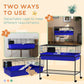 Blue two-level wire pet cage with detachable sections and rolling wheeled stand