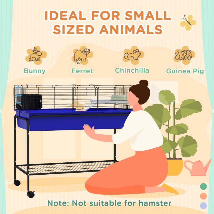 Blue two-story wire small animal cage with raised top floor and lower shelf