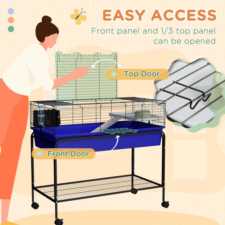 Blue two-story wire pet cage with front door and top panel opening on wheeled stand