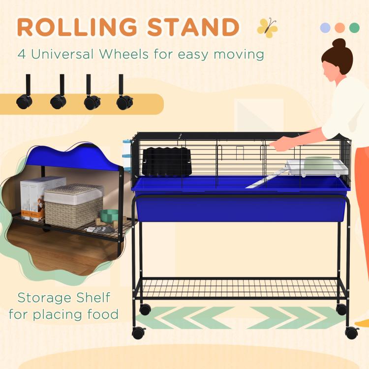 Blue two-story wire small animal cage on rolling stand with storage shelf and lower rack