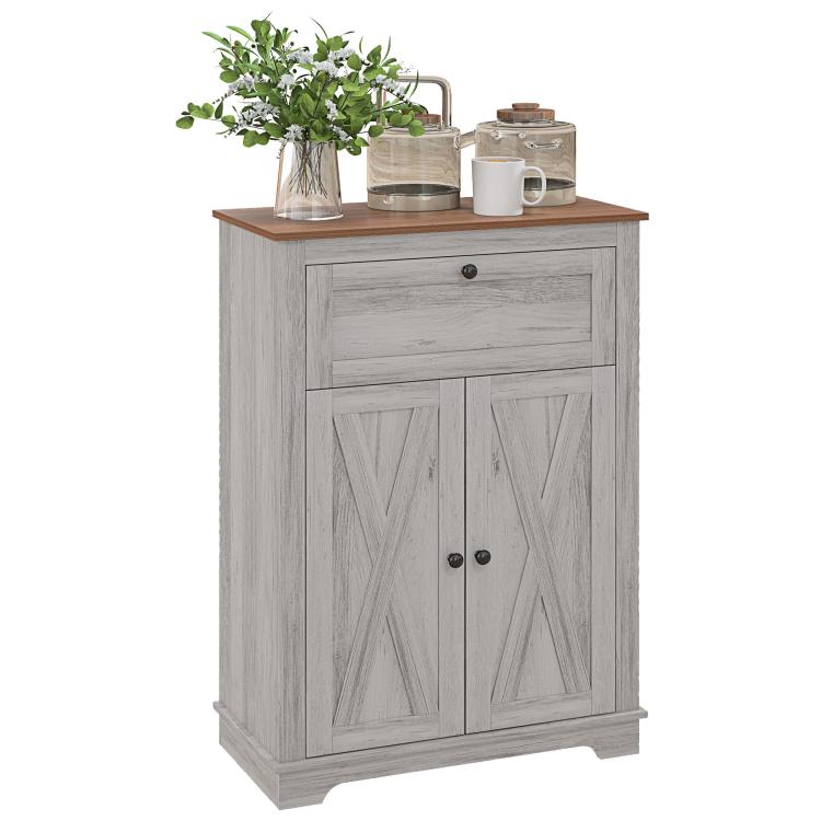 Light gray sideboard cabinet with drawer and double doors, farmhouse style wood