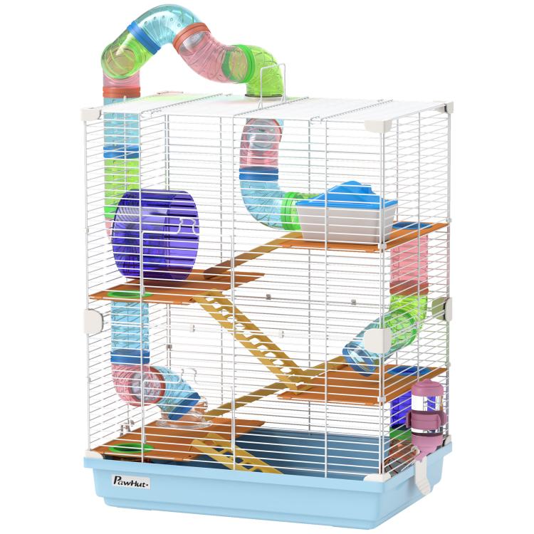 Light blue hamster activity cage with multi-level platforms, colorful tubes, and an exercise wheel