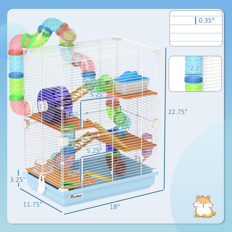 Light blue 5-tier hamster cage with ramps, tubes, and exercise wheel, shown with size guide