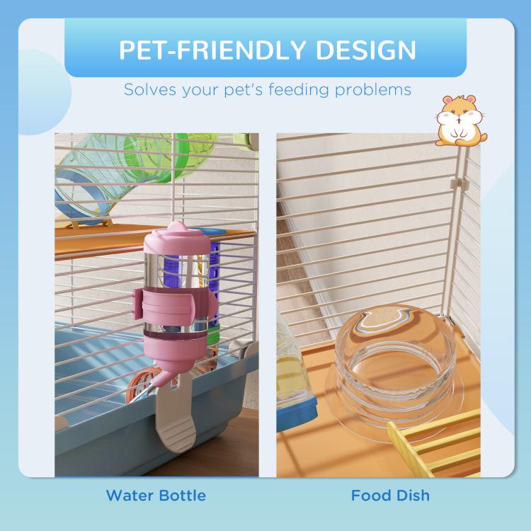 Light blue hamster cage with attached water bottle and food dish, plus ramps and tubes