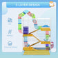 Light blue 5-tier hamster cage with ramps, exercise wheel, and connecting tubes in a play layout