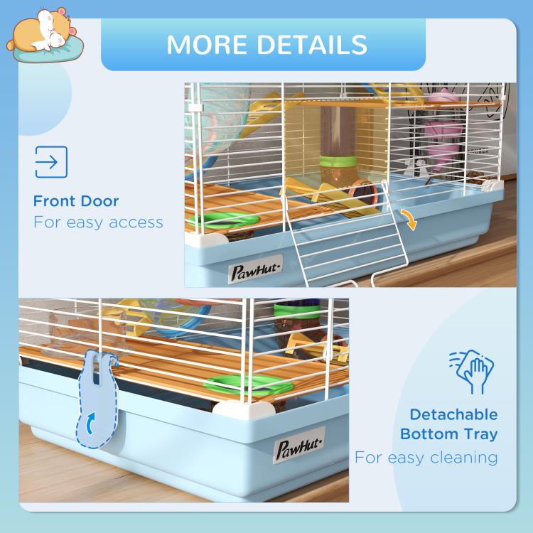 Light blue hamster cage with front access door and detachable bottom tray, plus ramps