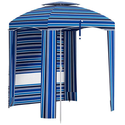 Blue striped cabana umbrella with hanging side panels and mesh window sections