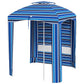 Blue striped cabana umbrella with open side and clear window panels