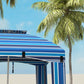 Blue and white striped cabana beach umbrella with open side panels