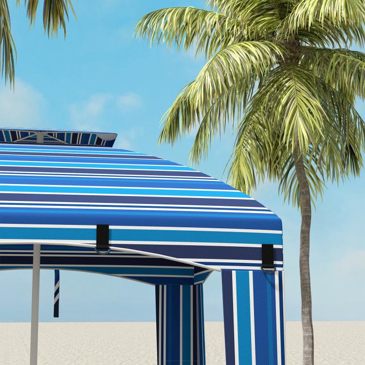 Blue and white striped cabana beach umbrella with open side panels