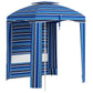 Blue and white striped cabana umbrella with ruffled canopy edge and hanging sides