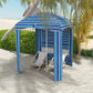 Blue striped cabana umbrella with side curtains, mesh panels, and pointed poles