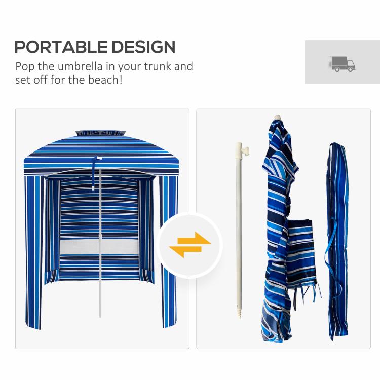 Blue striped cabana umbrella on white background with carry-bag style view (diagram)