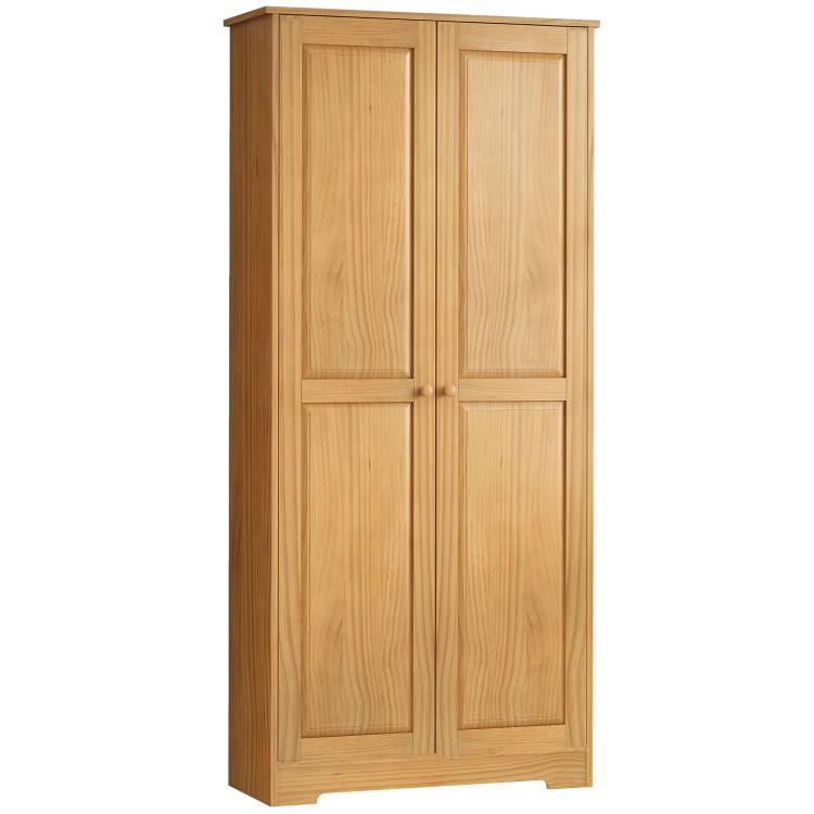 Light wood freestanding pantry cabinet with double paneled doors and base trim