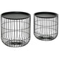 Set of 2 round black wire coffee tables with flat tops and steel basket sides