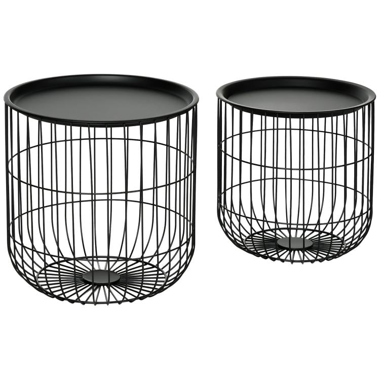 Set of 2 round black wire coffee tables with flat tops and steel basket sides