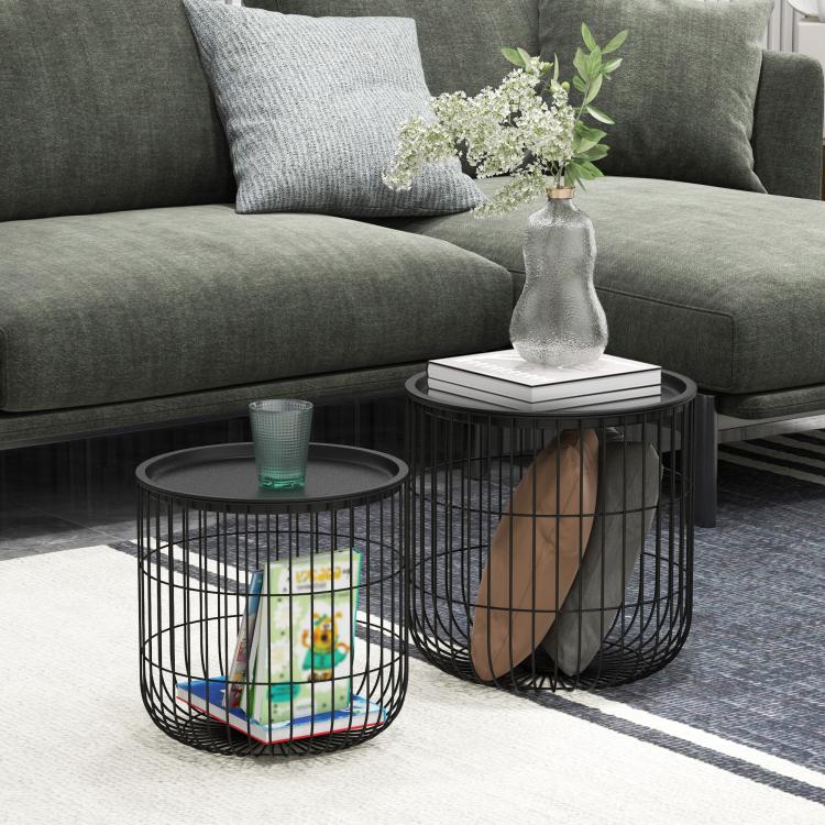 Black nesting coffee table set with wire basket sides and round removable-style tabletops