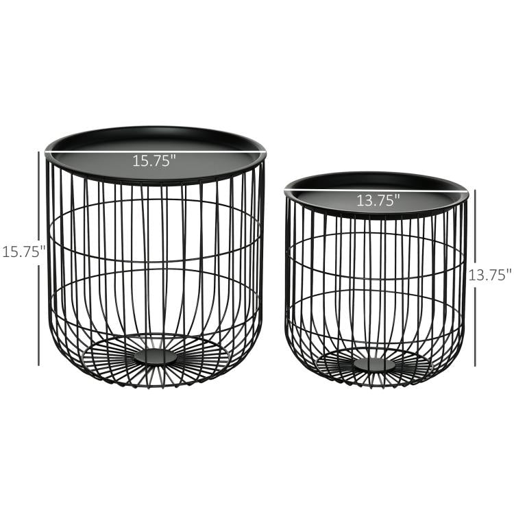 Nesting coffee table set in black with two round wire baskets and dark circular tops