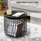 Black nesting coffee tables with wire basket storage and round black tabletops with space-saving design