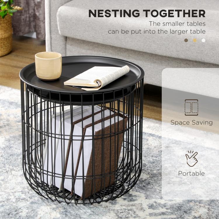 Black nesting coffee tables with wire basket storage and round black tabletops with space-saving design
