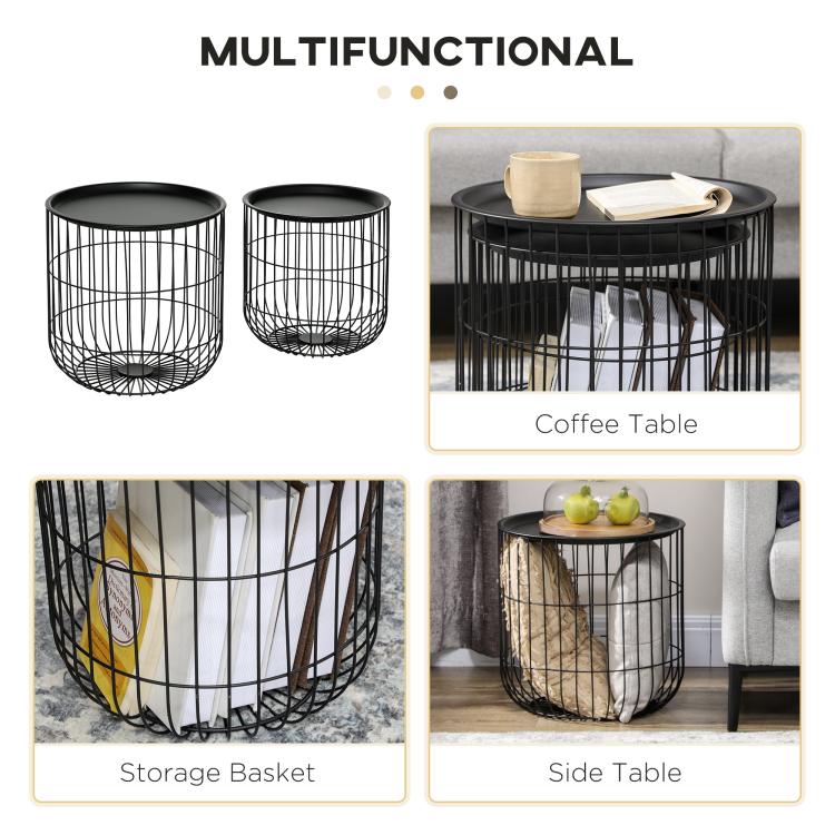 Two-piece black nesting coffee table set with wire basket bodies and round tabletop tops