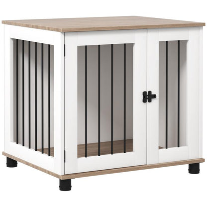 White dog kennel end table with walnut top and front lockable door