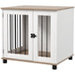 White dog kennel end table with walnut tabletop, black bars, and locking latch