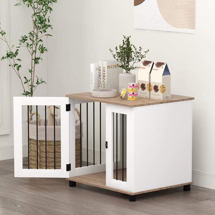 Indoor dog kennel side end table, walnut brown top, white cabinet with barred panels