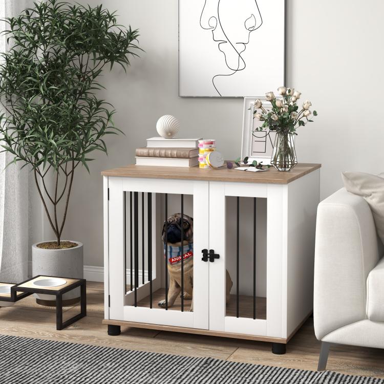 White dog kennel end table with walnut top, front door, and dog inside