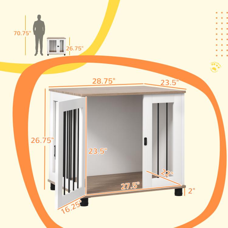 Dog kennel end table size diagram with walnut top and black-bar door