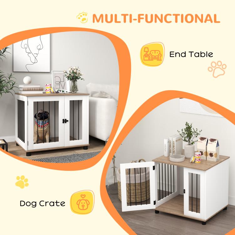Dog kennel end table shown as end table and crate-style enclosure