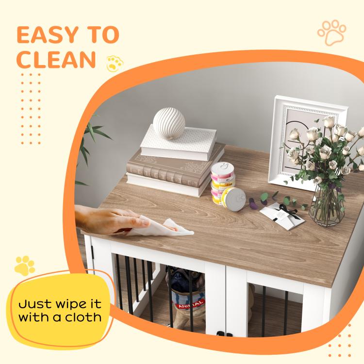 Dog kennel end table with wipe-clean tabletop and front door opening