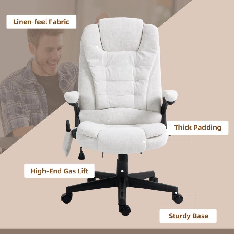White linen-look office massage chair with padded recline, headrest and caster base