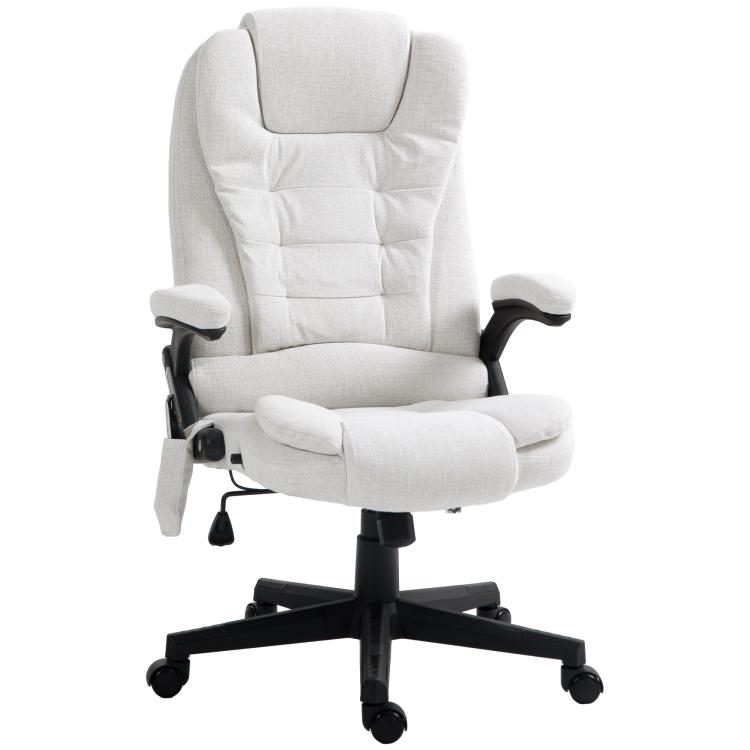 White linen-look massage office chair with padded headrest, recline lever, caster base
