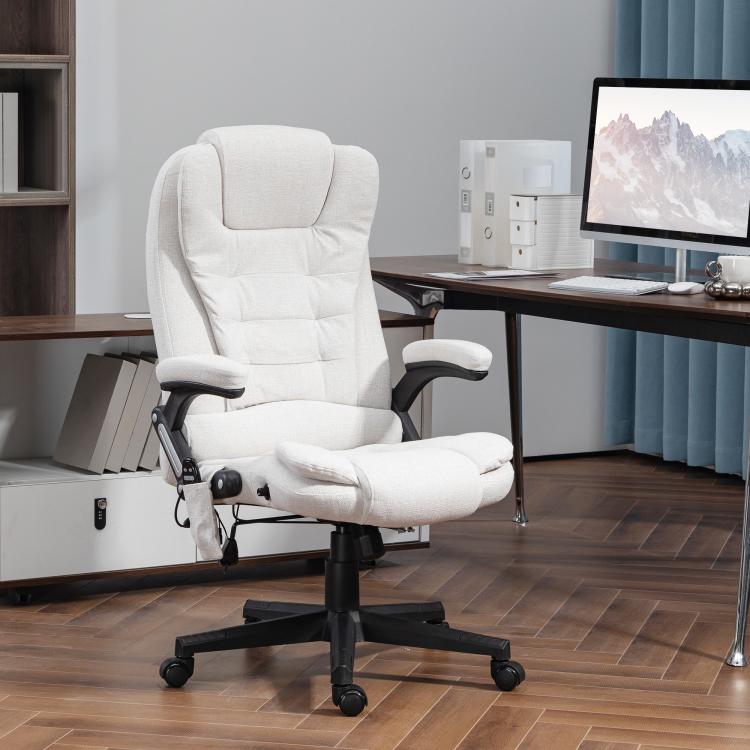 White massage office chair with high back, thick padded seat, and footrest