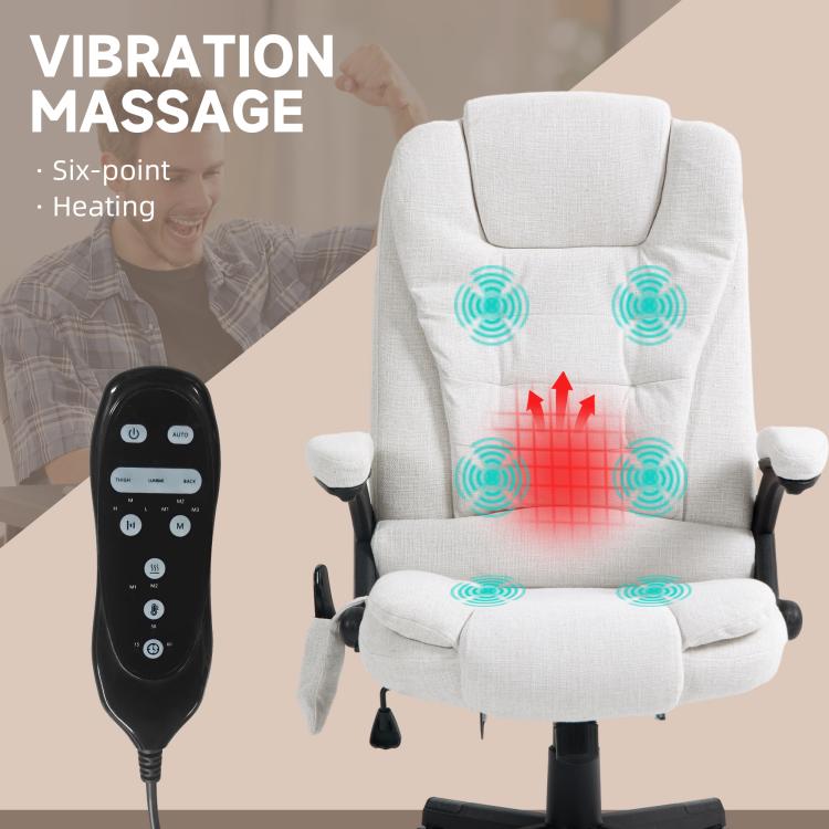 White high-back massage chair with handheld remote, padded seat and armrests