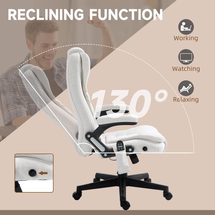 White massage office chair in reclined position, padded headrest and seat