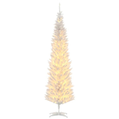 Slim white artificial pencil Christmas tree with warm white lights and pointed top