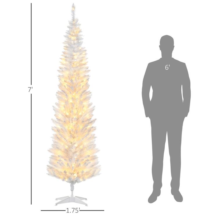 Slim white pencil Christmas tree with stand, shown with height size guide