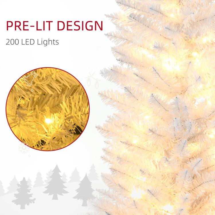 Pre-lit white pencil Christmas tree branches with warm white LED lights close-up