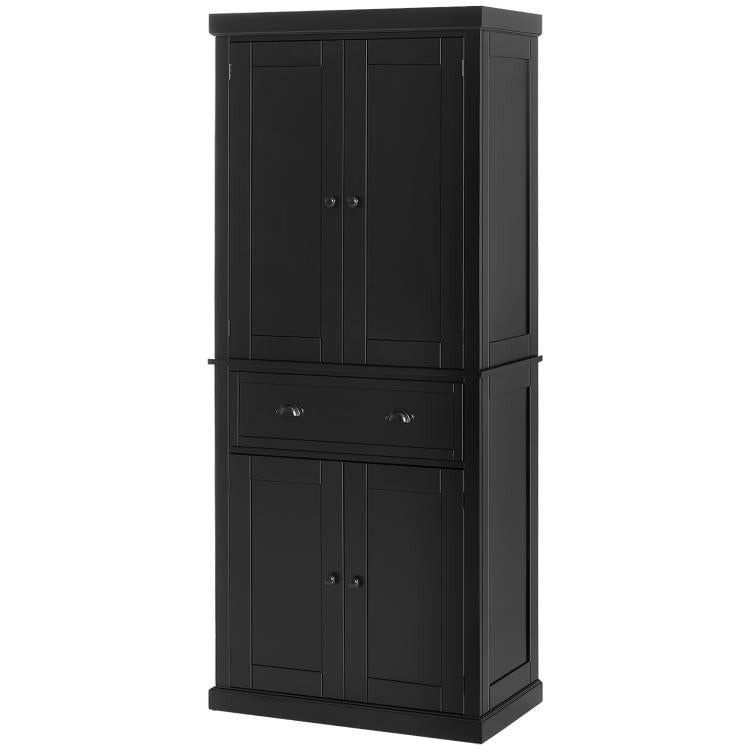 Black freestanding pantry cabinet with four doors and two center drawers